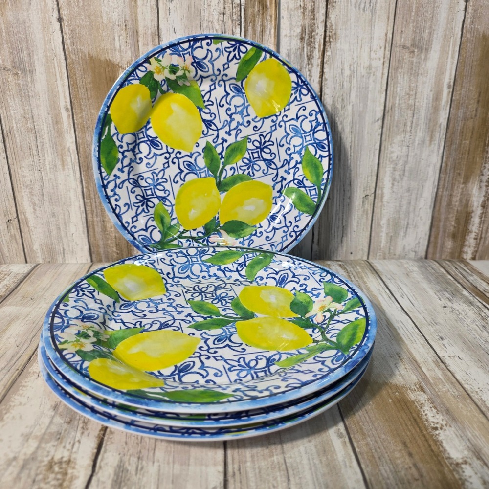 Set of 4 Melamine Lemon Dinner Plates Blue White Mediterranean Tile Citrus 10in - Picture 5 of 6